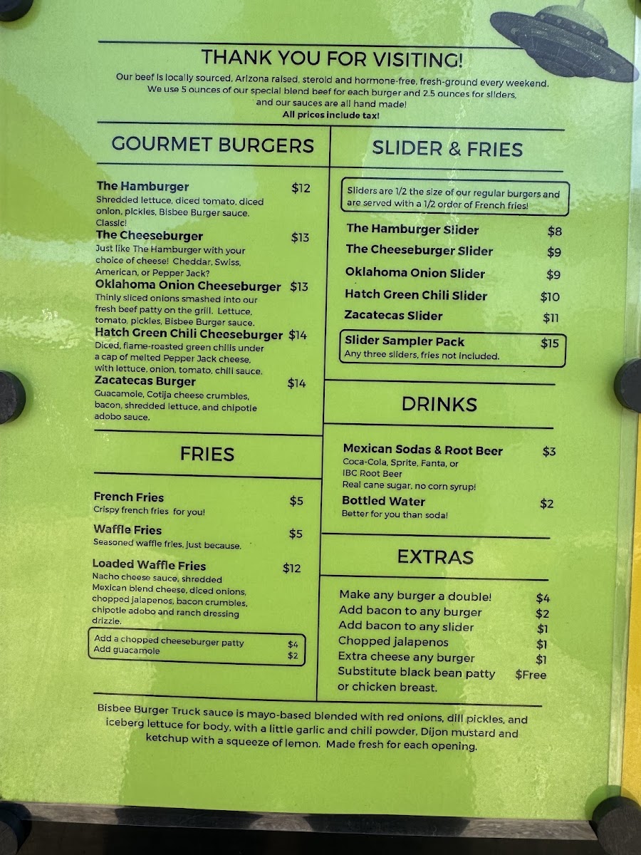 Bisbee Burger Truck menu board