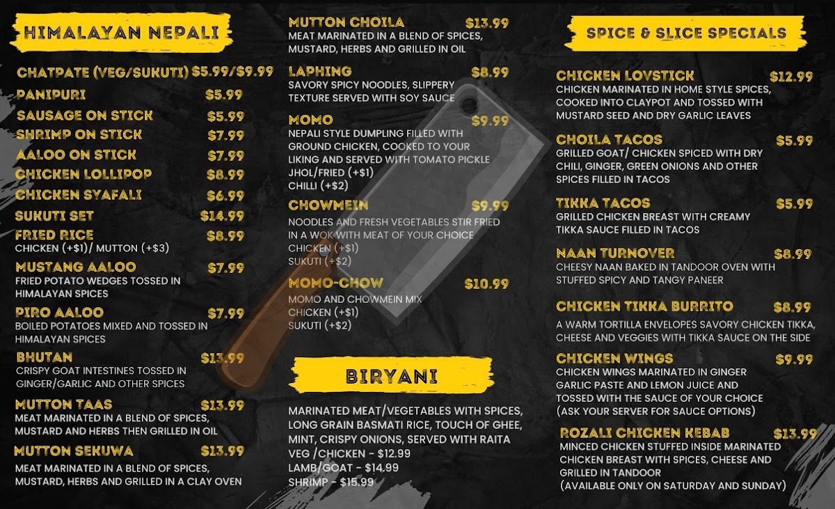Spice & Slice Bazaar menu board