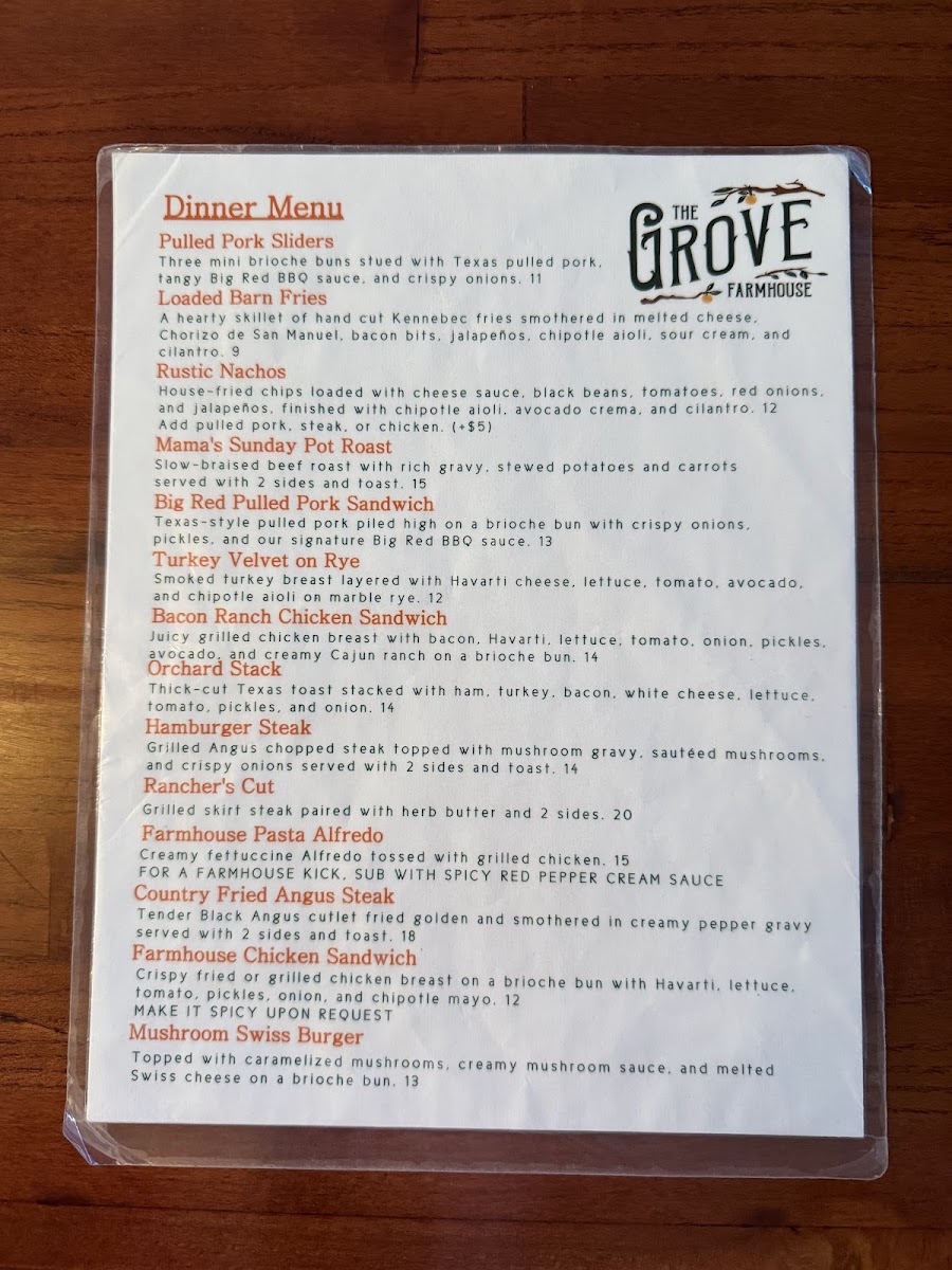 The Grove FarmHouse menu board
