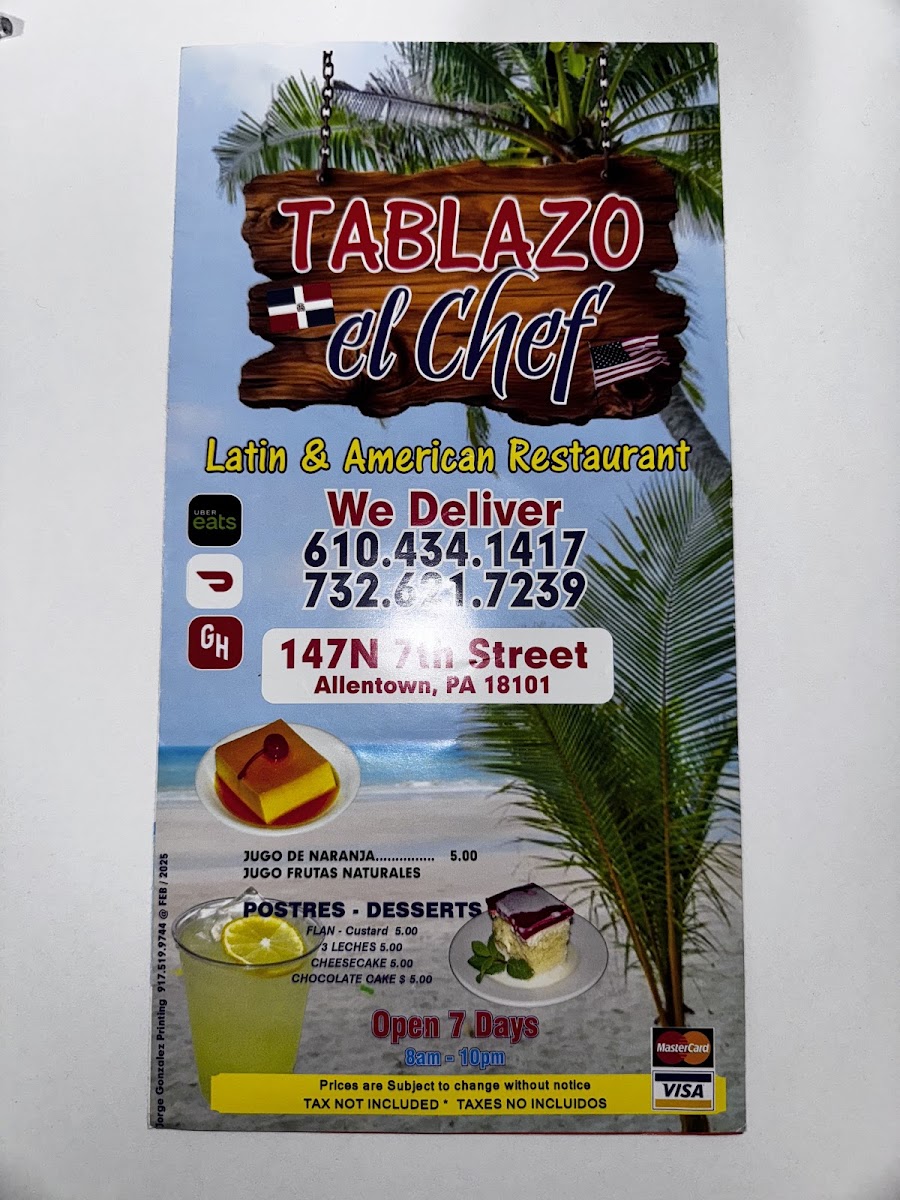 Tablazo el Chef Restaurant | Comida Hispana menu board