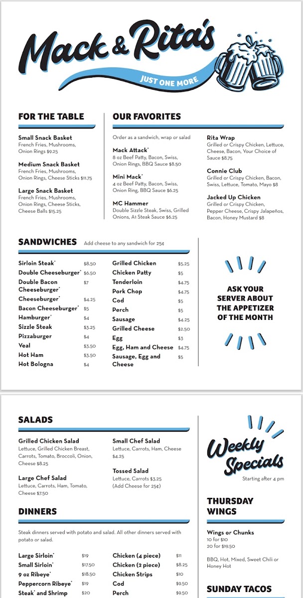 Mack & Rita's menu board