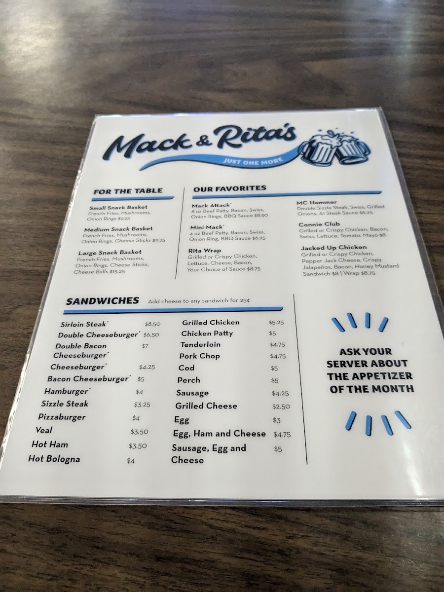 Mack & Rita's menu board