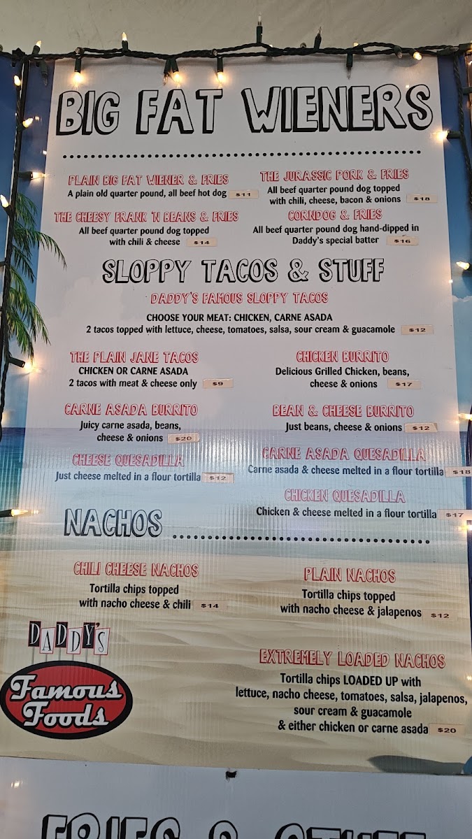 Daddys Famous Foods menu board