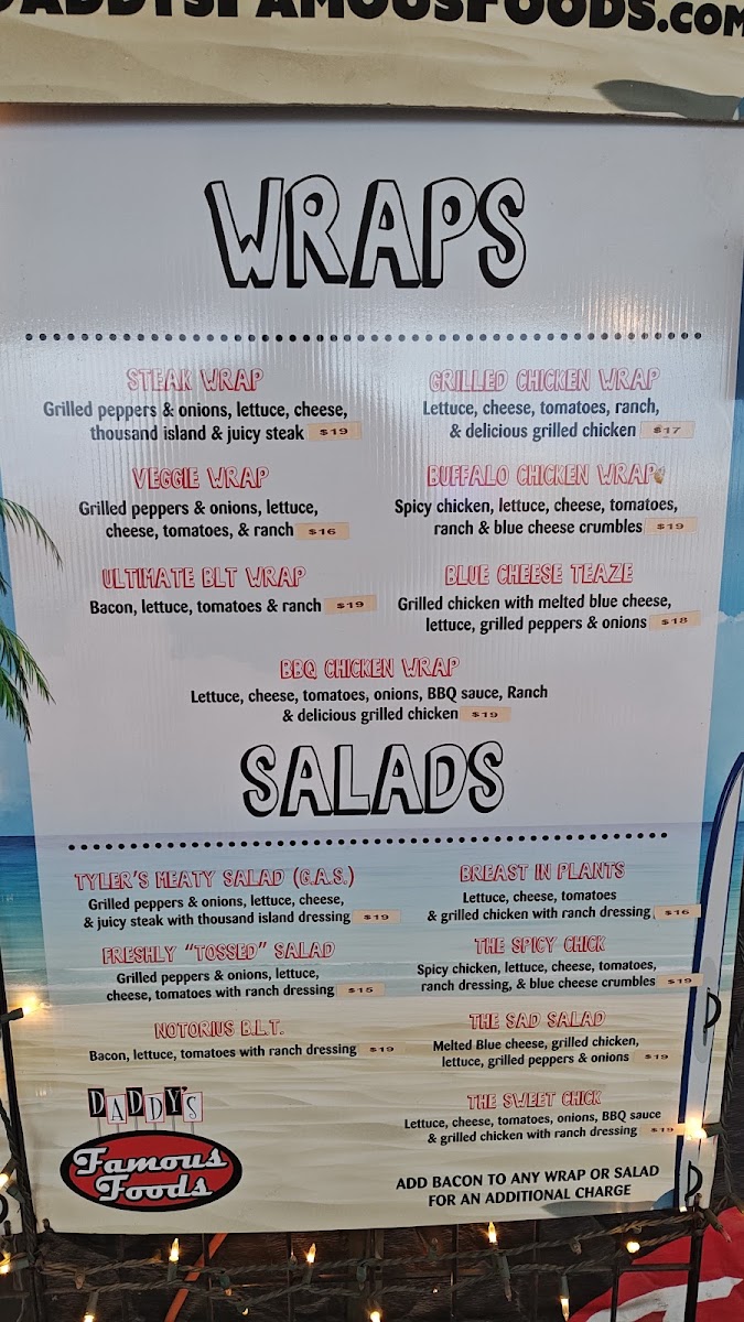 Daddys Famous Foods menu board