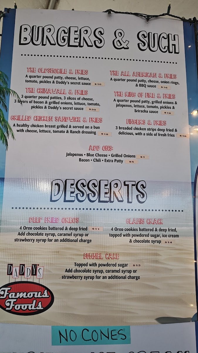 Daddys Famous Foods menu board