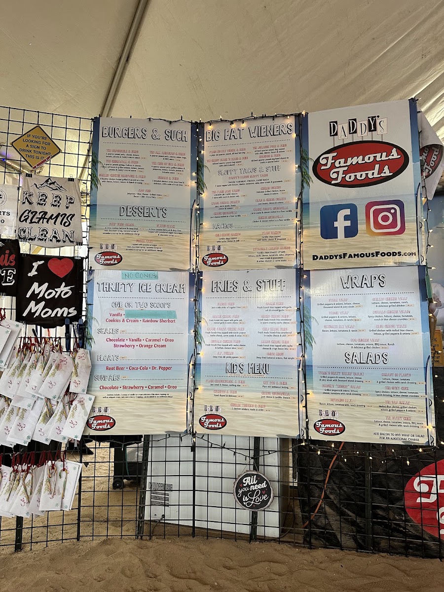 Daddys Famous Foods menu board