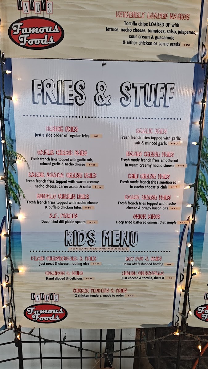 Daddys Famous Foods menu board