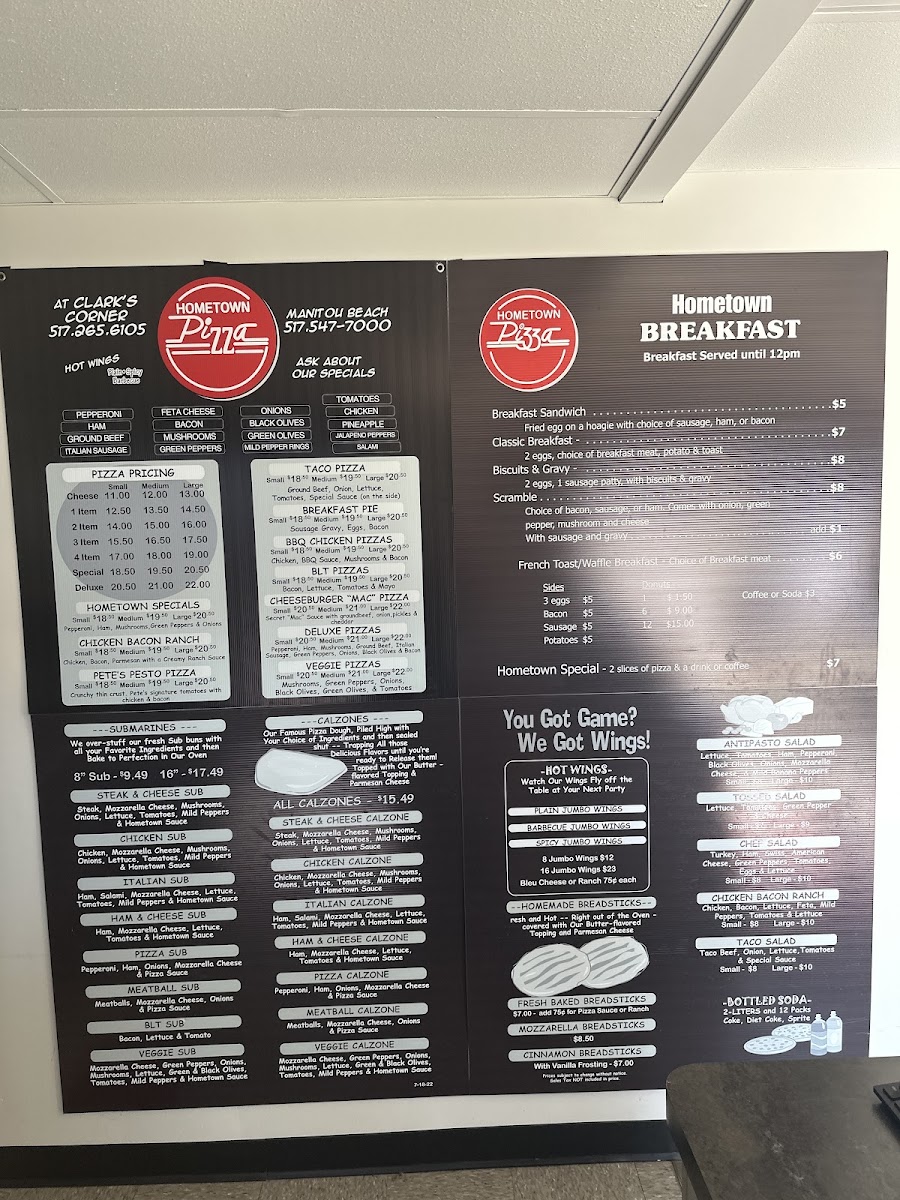 Hometown Pizza at The Lake menu board