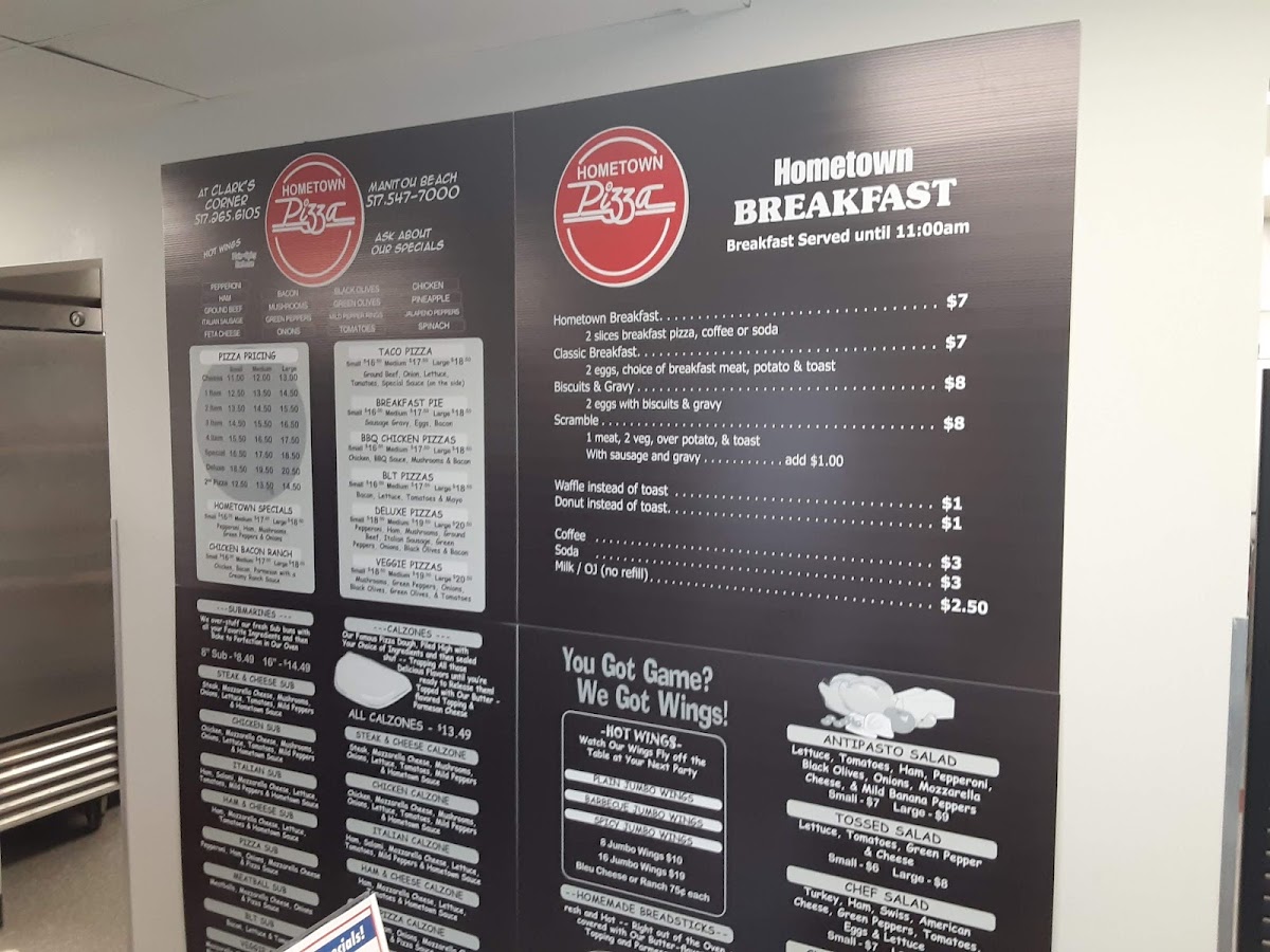 Hometown Pizza at The Lake menu board