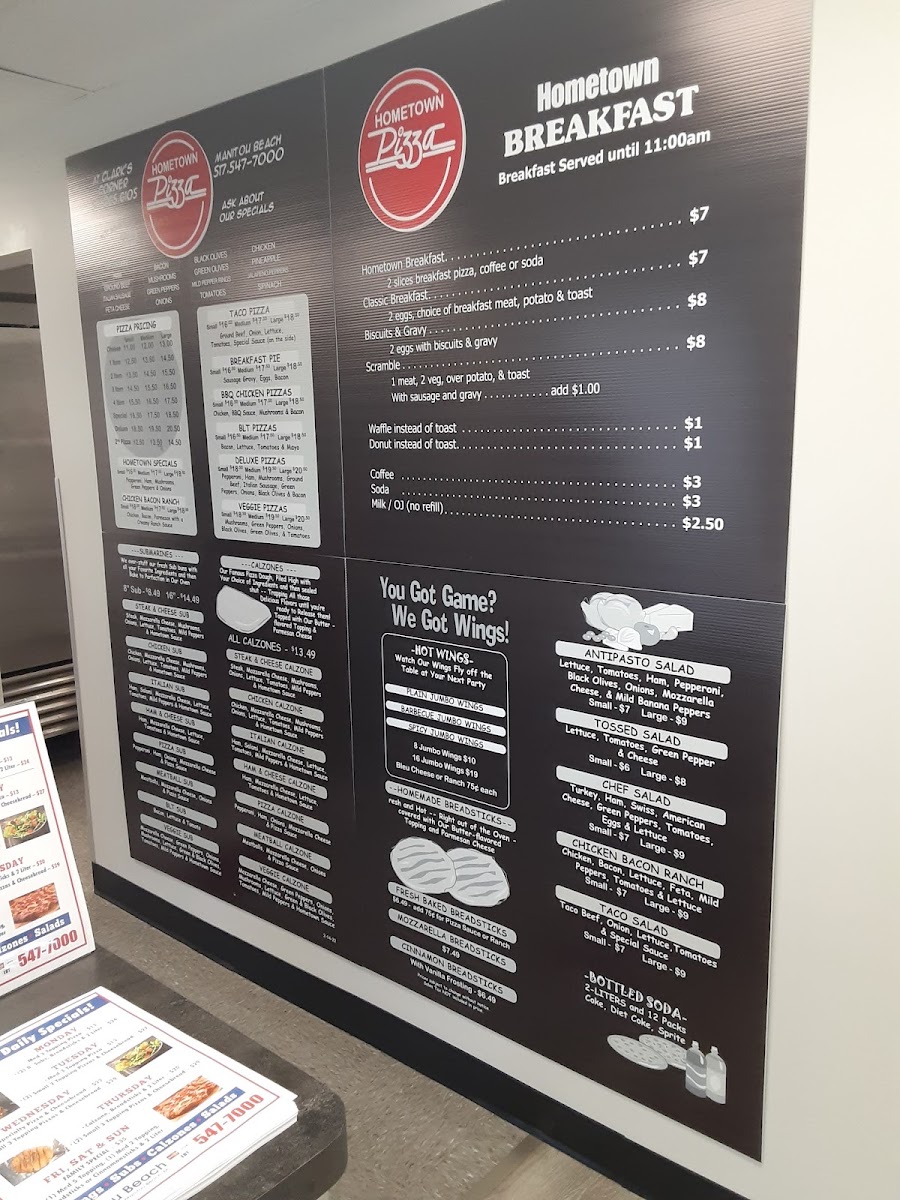 Hometown Pizza at The Lake menu board