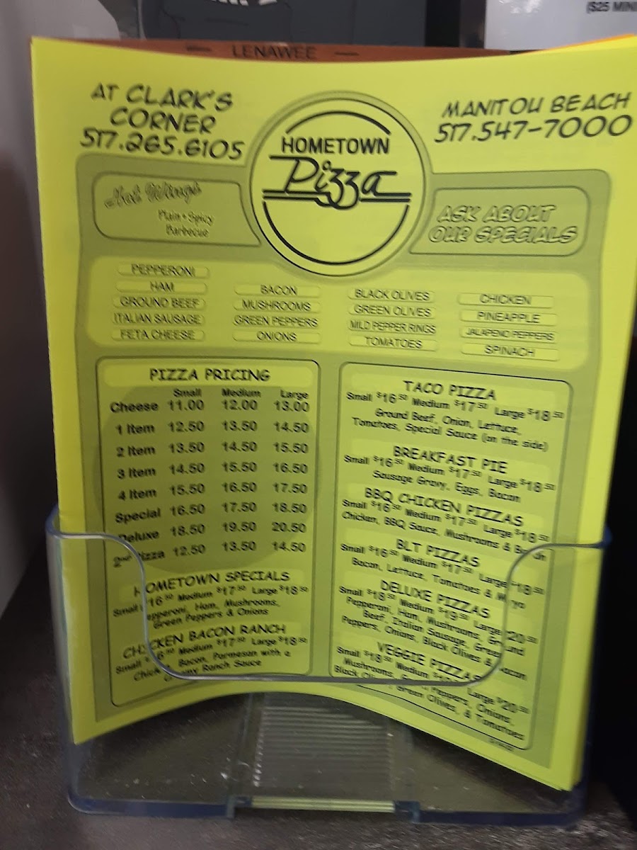 Hometown Pizza at The Lake menu board