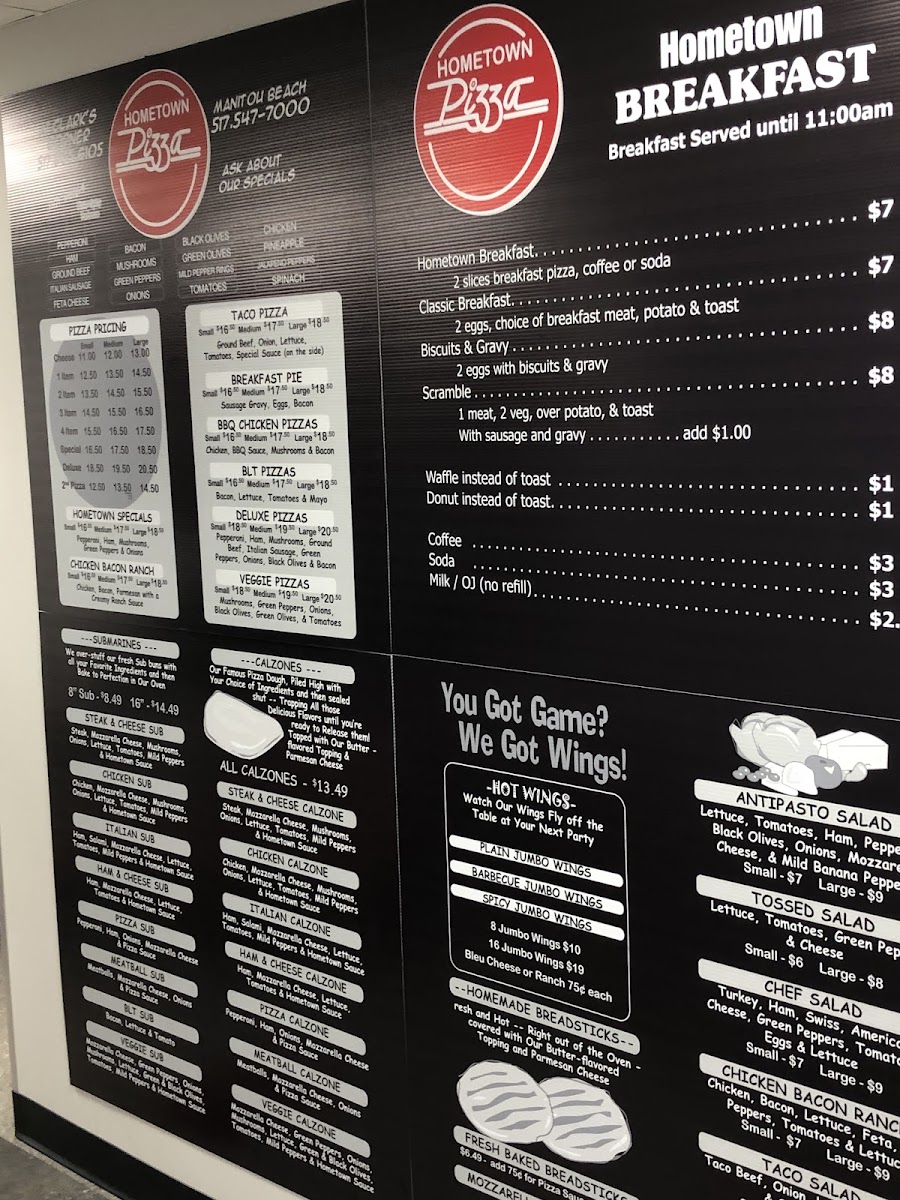 Hometown Pizza at The Lake menu board