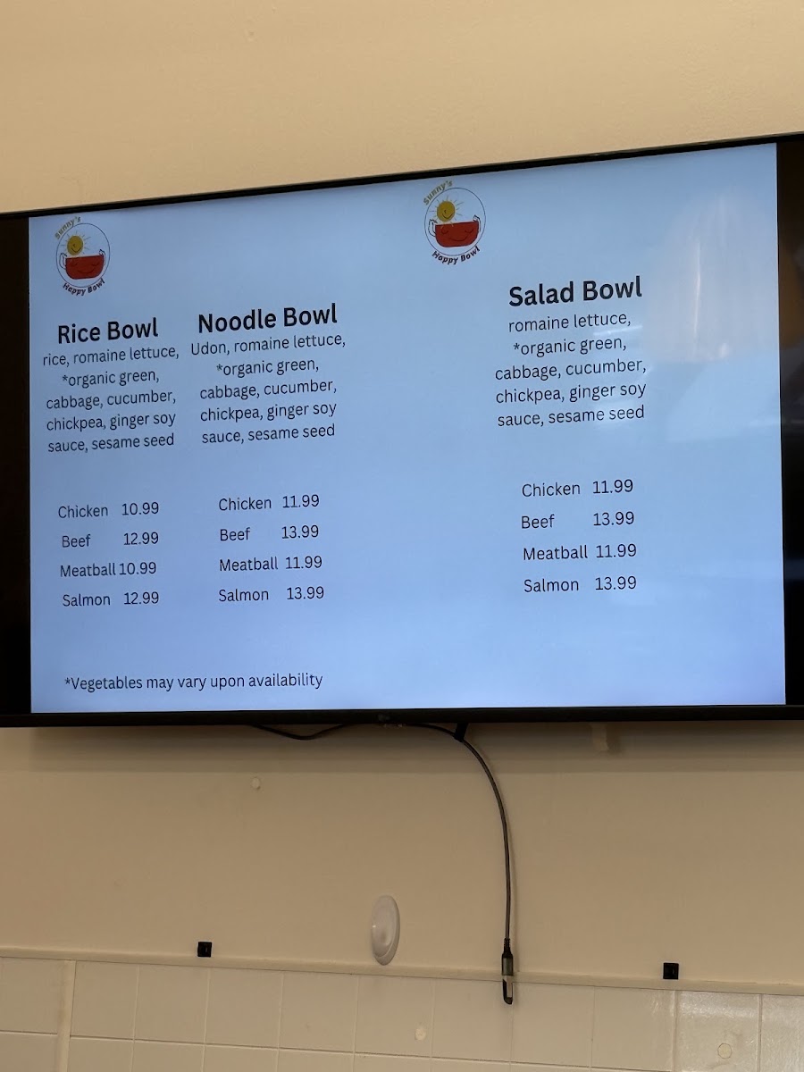 Sunny's Happy Bowl menu board