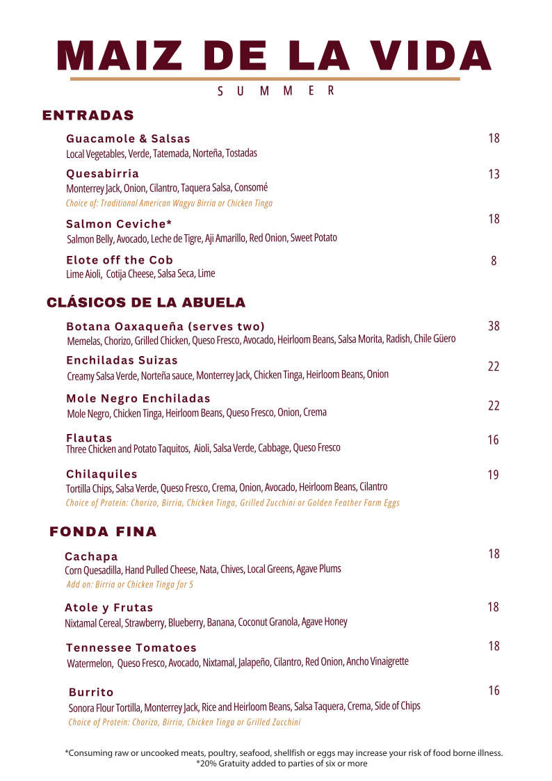 Maiz De La Vida Restaurant menu board