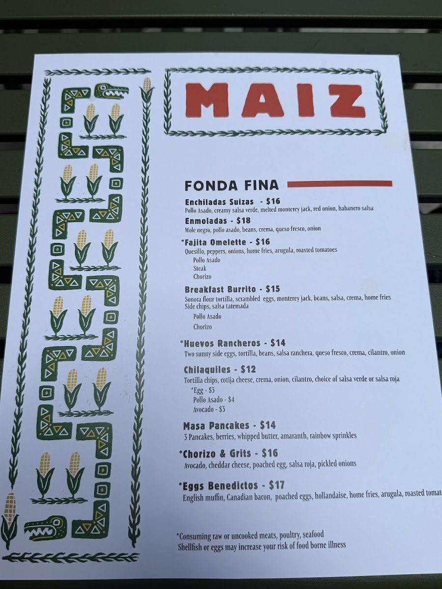 Maiz De La Vida Restaurant menu board