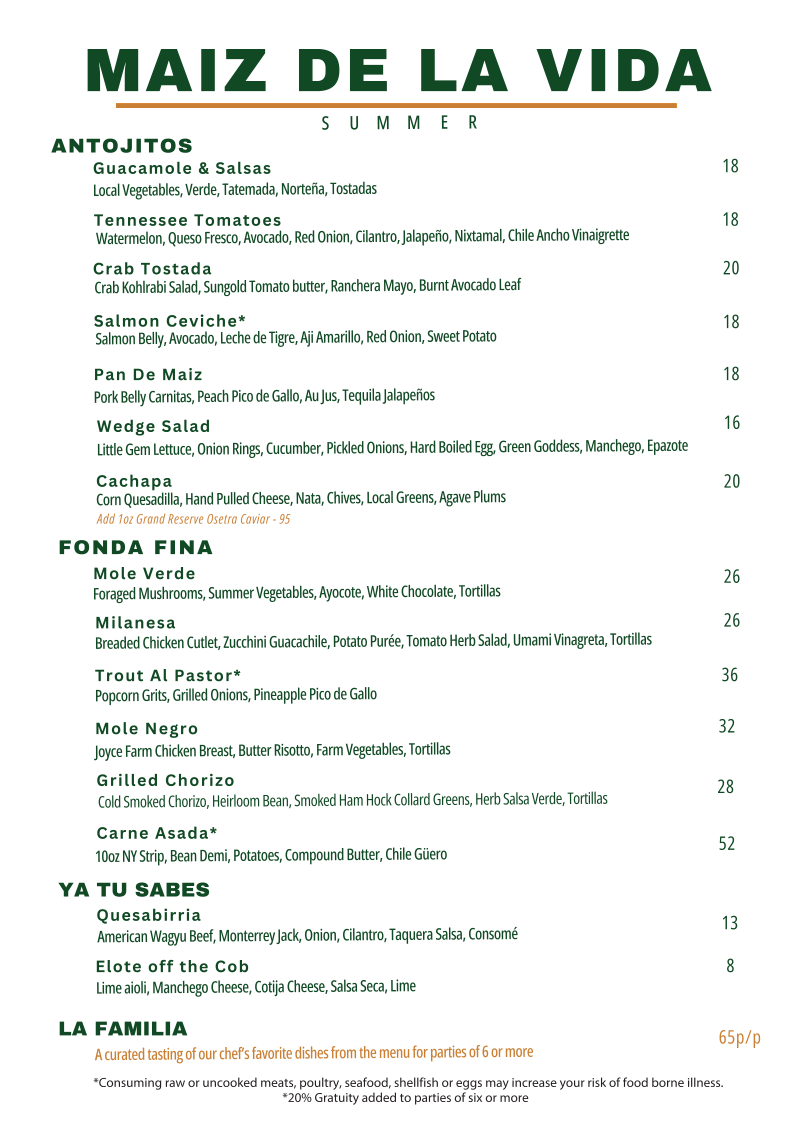 Maiz De La Vida Restaurant menu board