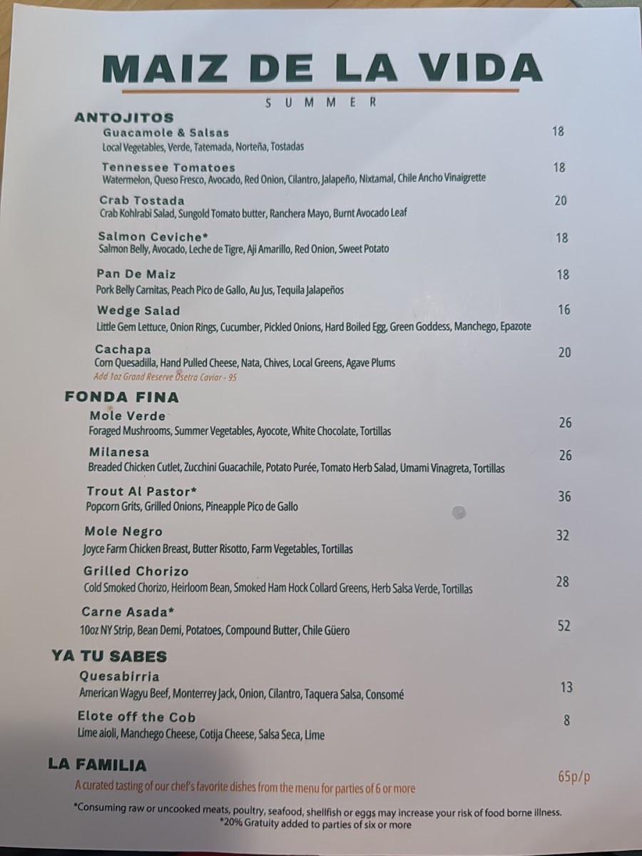 Maiz De La Vida Restaurant menu board