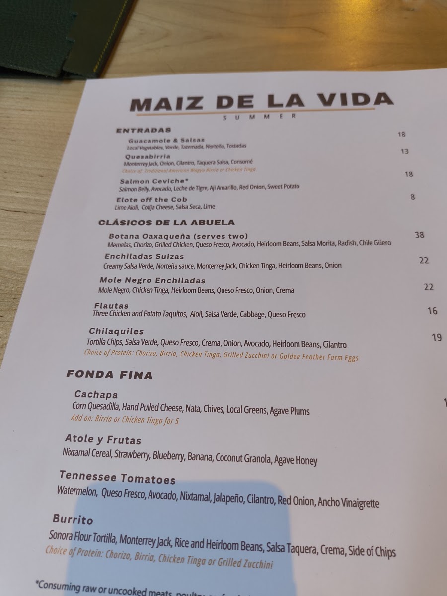 Maiz De La Vida Restaurant menu board