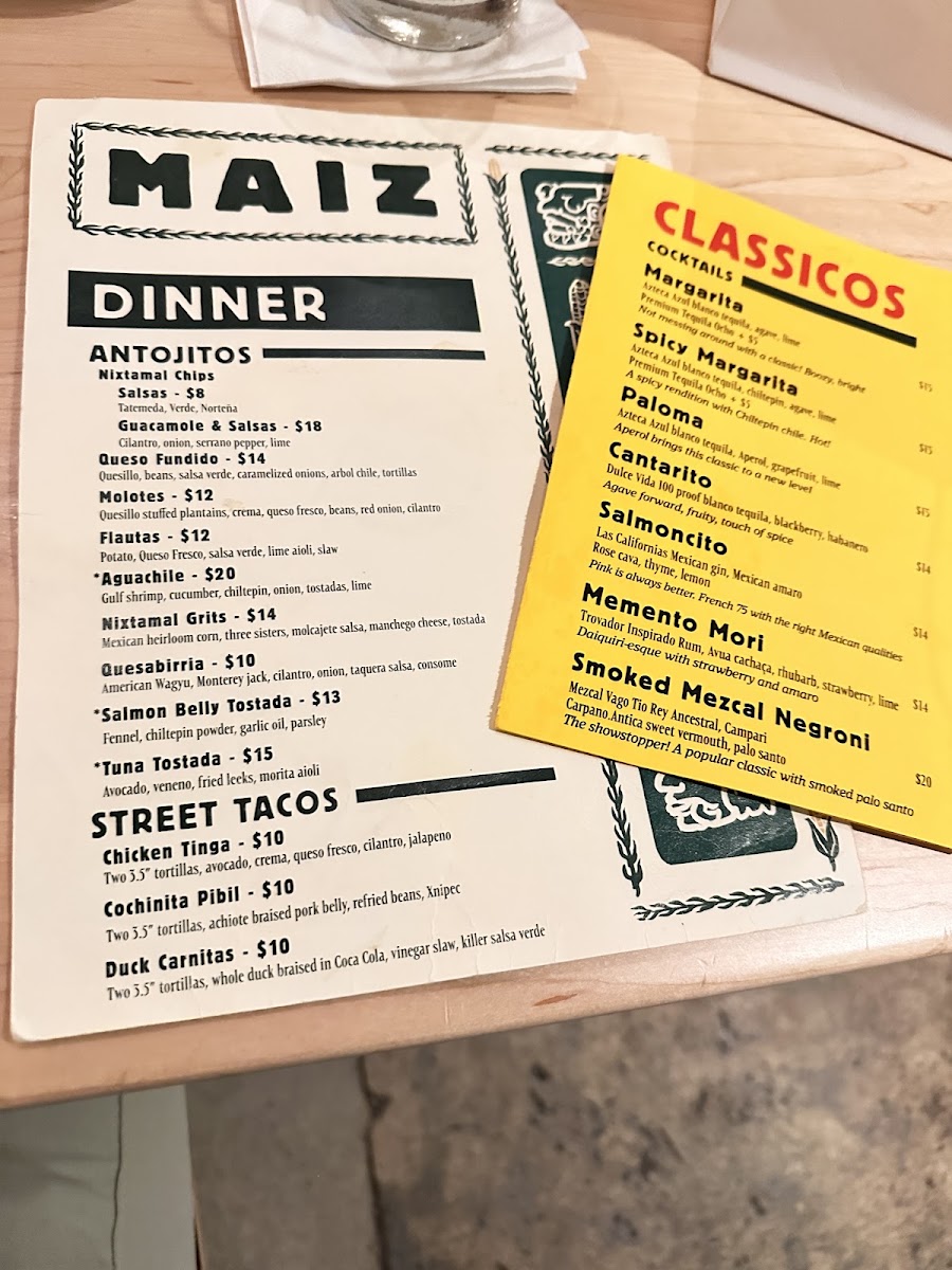 Maiz De La Vida Restaurant menu board