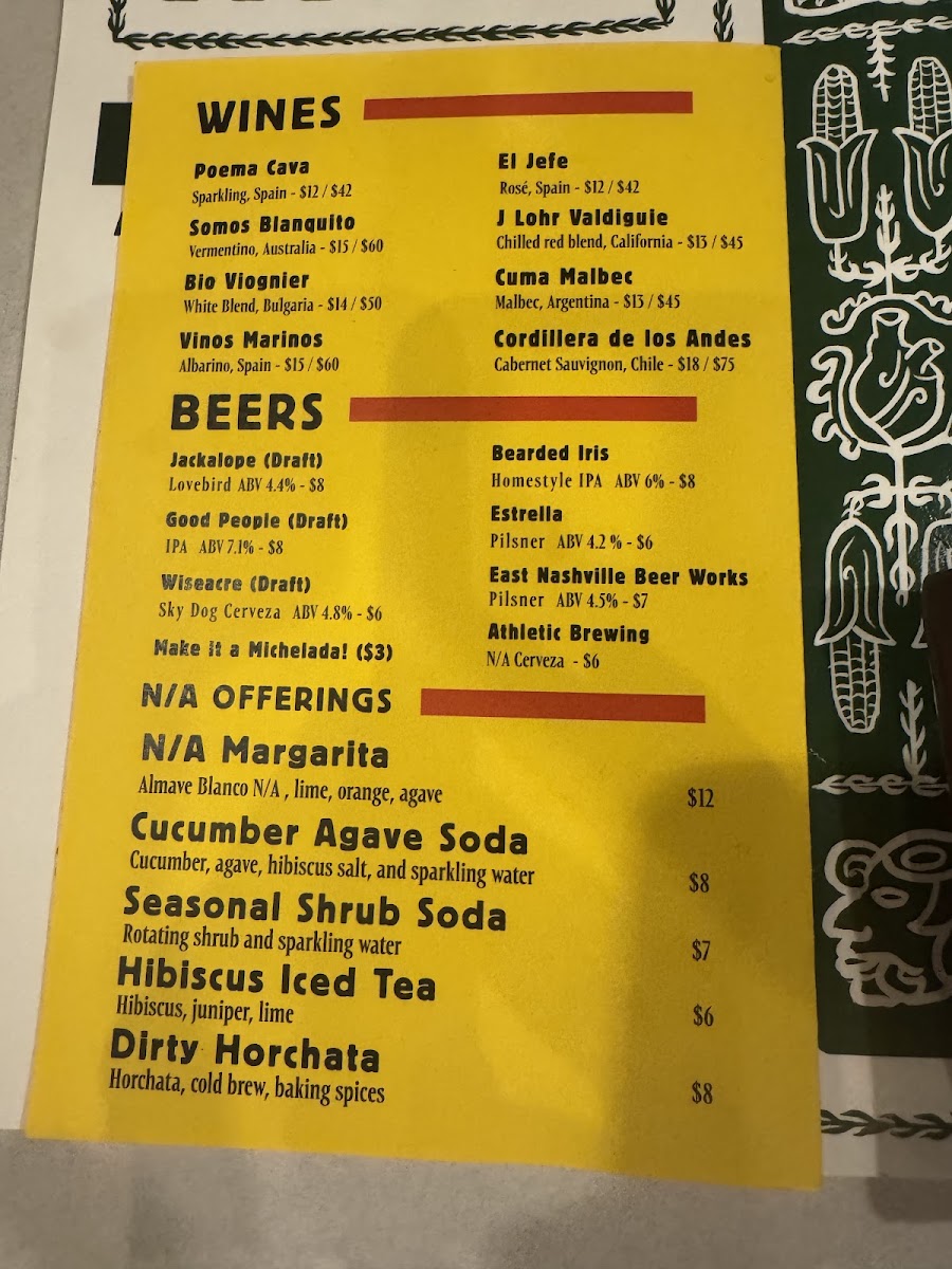 Maiz De La Vida Restaurant menu board