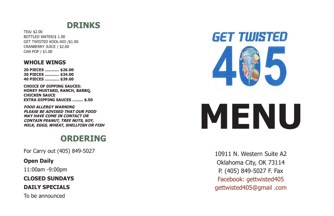 Get Twisted 405 menu board