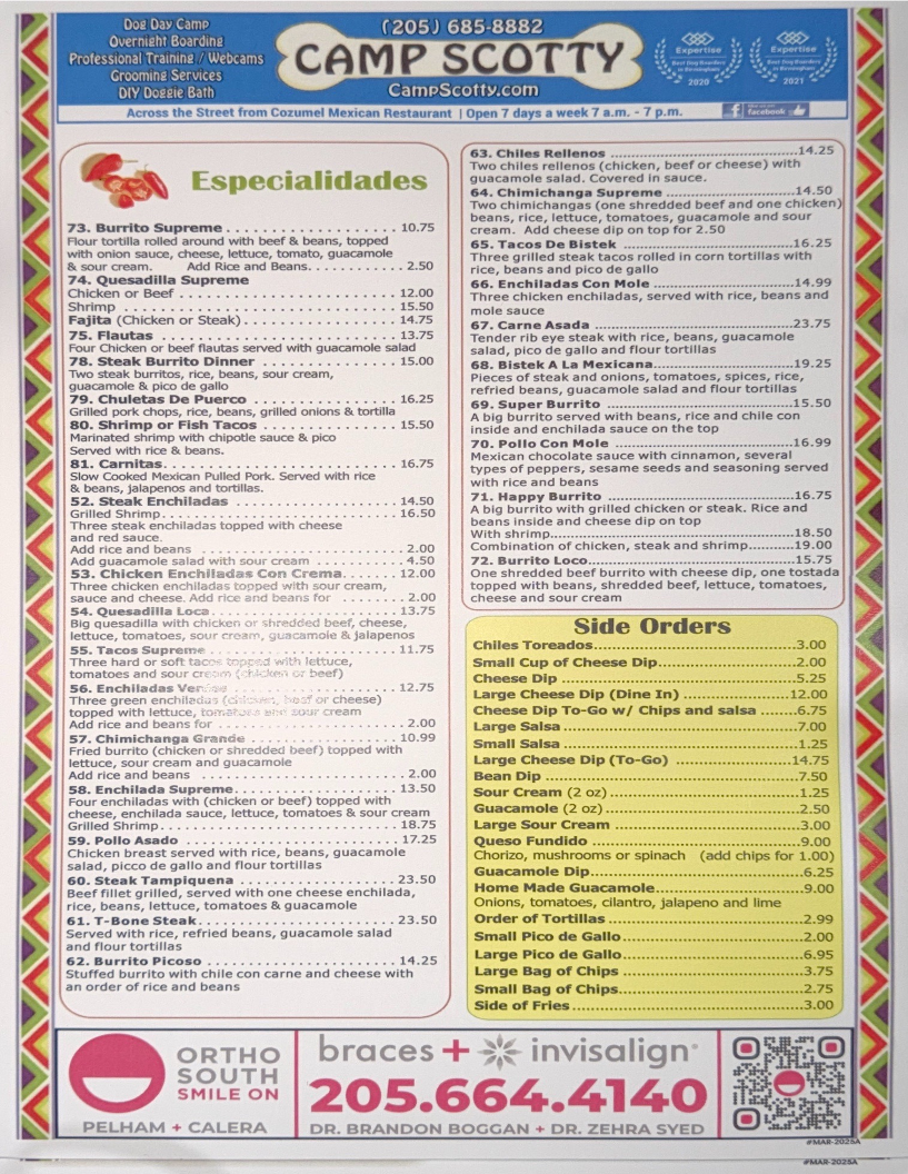 Xcaret Grill Mexican Restaurant menu board