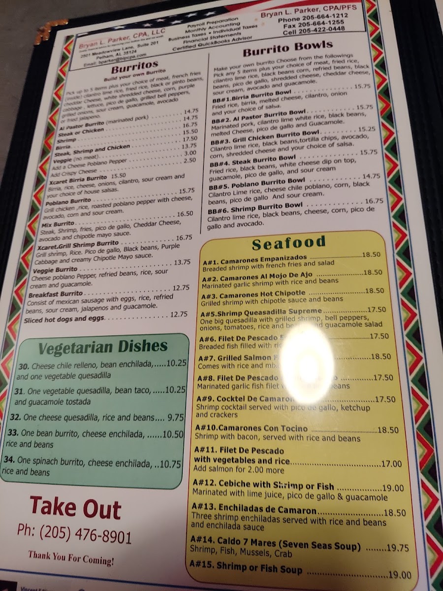 Xcaret Grill Mexican Restaurant menu board