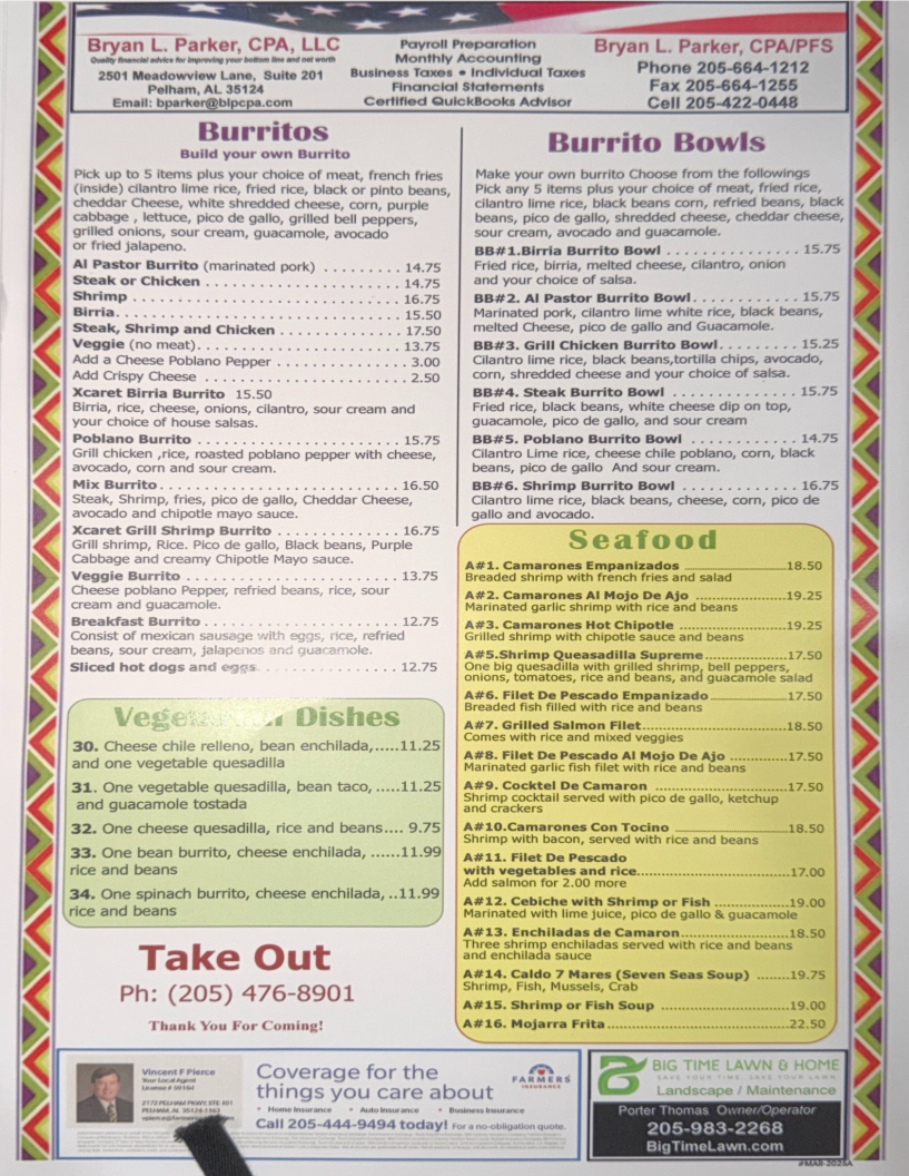 Xcaret Grill Mexican Restaurant menu board