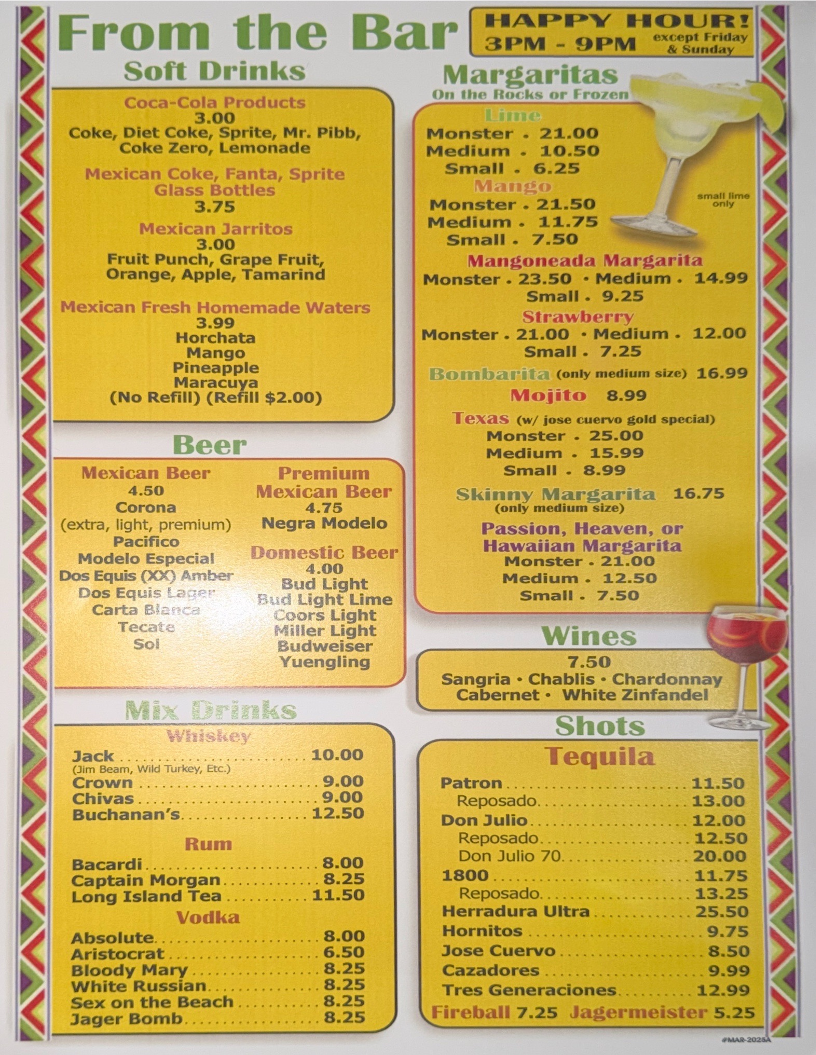 Xcaret Grill Mexican Restaurant menu board