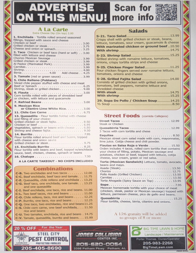 Xcaret Grill Mexican Restaurant menu board