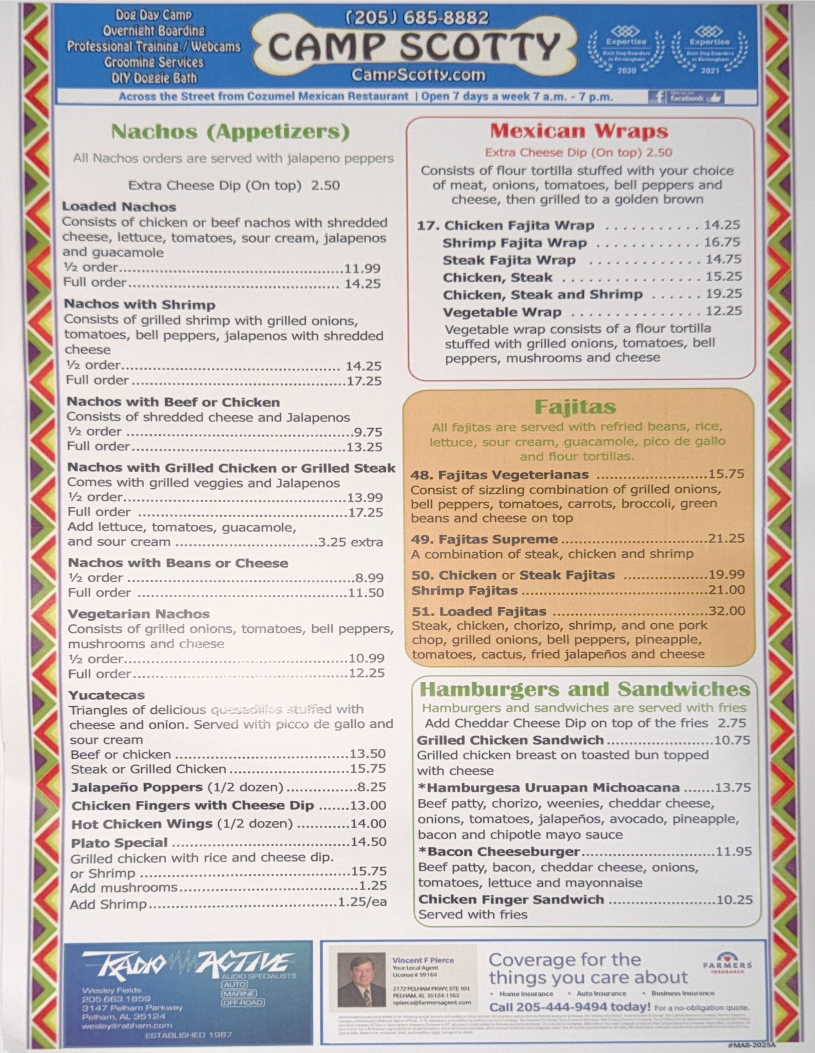Xcaret Grill Mexican Restaurant menu board