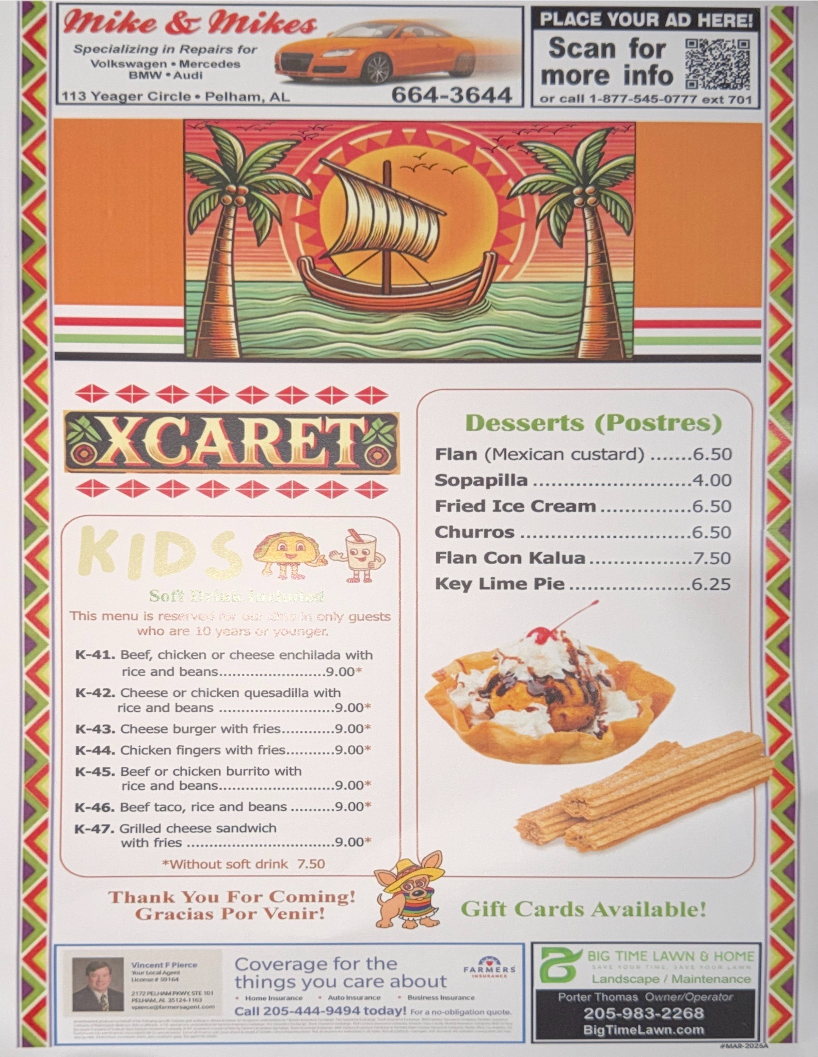 Xcaret Grill Mexican Restaurant menu board
