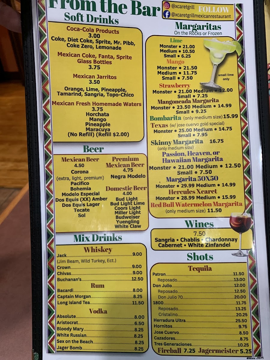Xcaret Grill Mexican Restaurant menu board