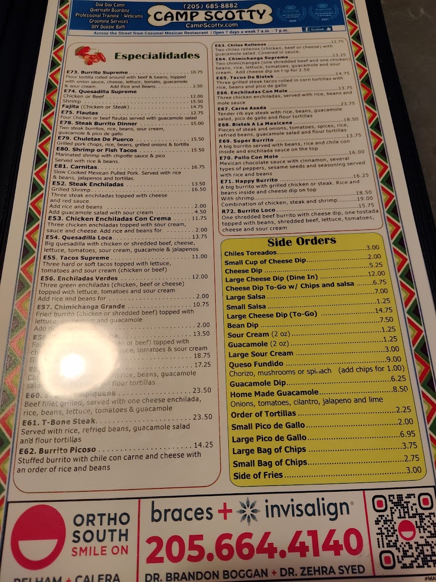 Xcaret Grill Mexican Restaurant menu board