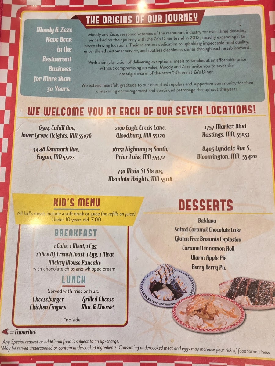 Ze's Diner Bloomington menu board