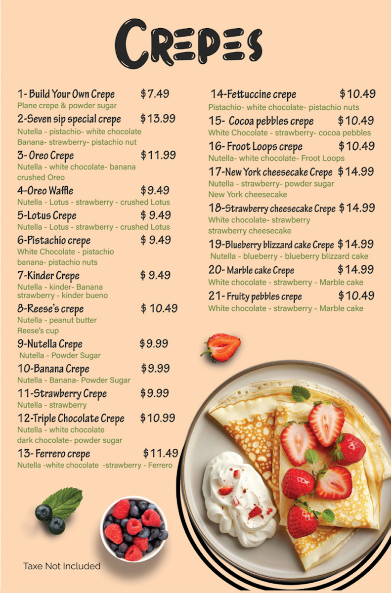 Seven Sips Smoothies Café - Sheepshead Bay menu board