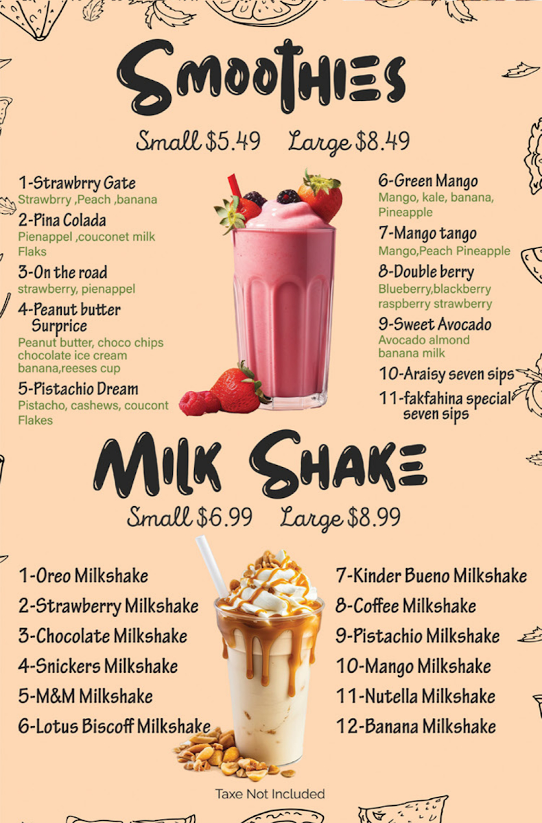Seven Sips Smoothies Café - Sheepshead Bay menu board