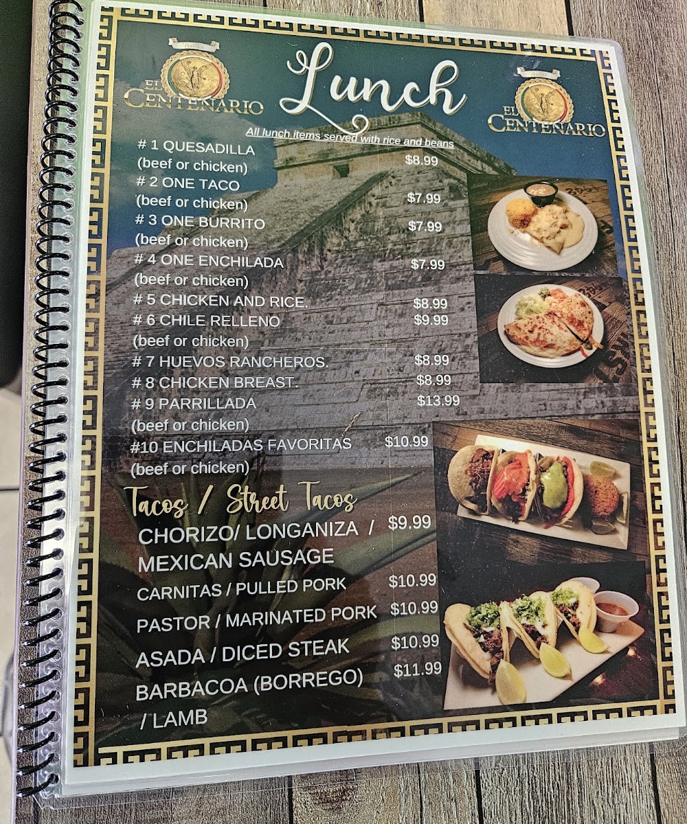 Taqueria El Centenario #2 menu board