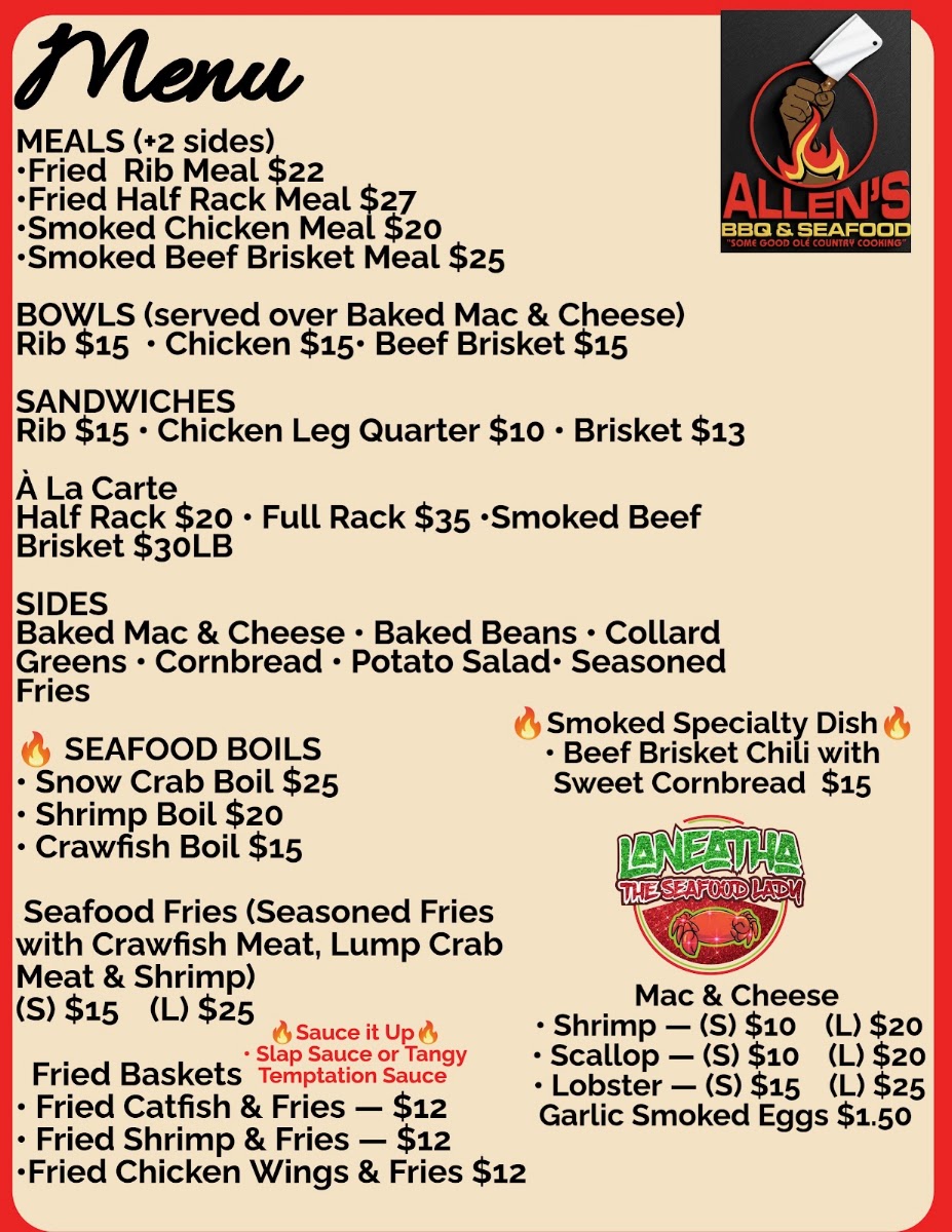 Allen's BBQ & Seafood menu board