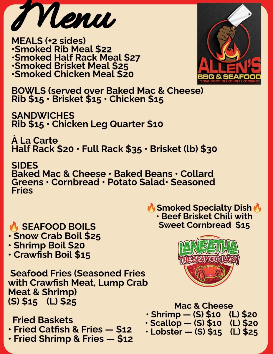 Allen's BBQ & Seafood menu board
