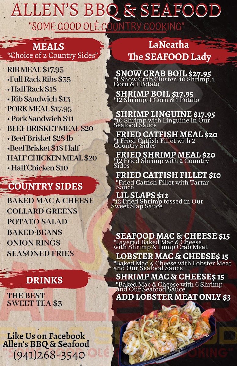 Allen's BBQ & Seafood menu board