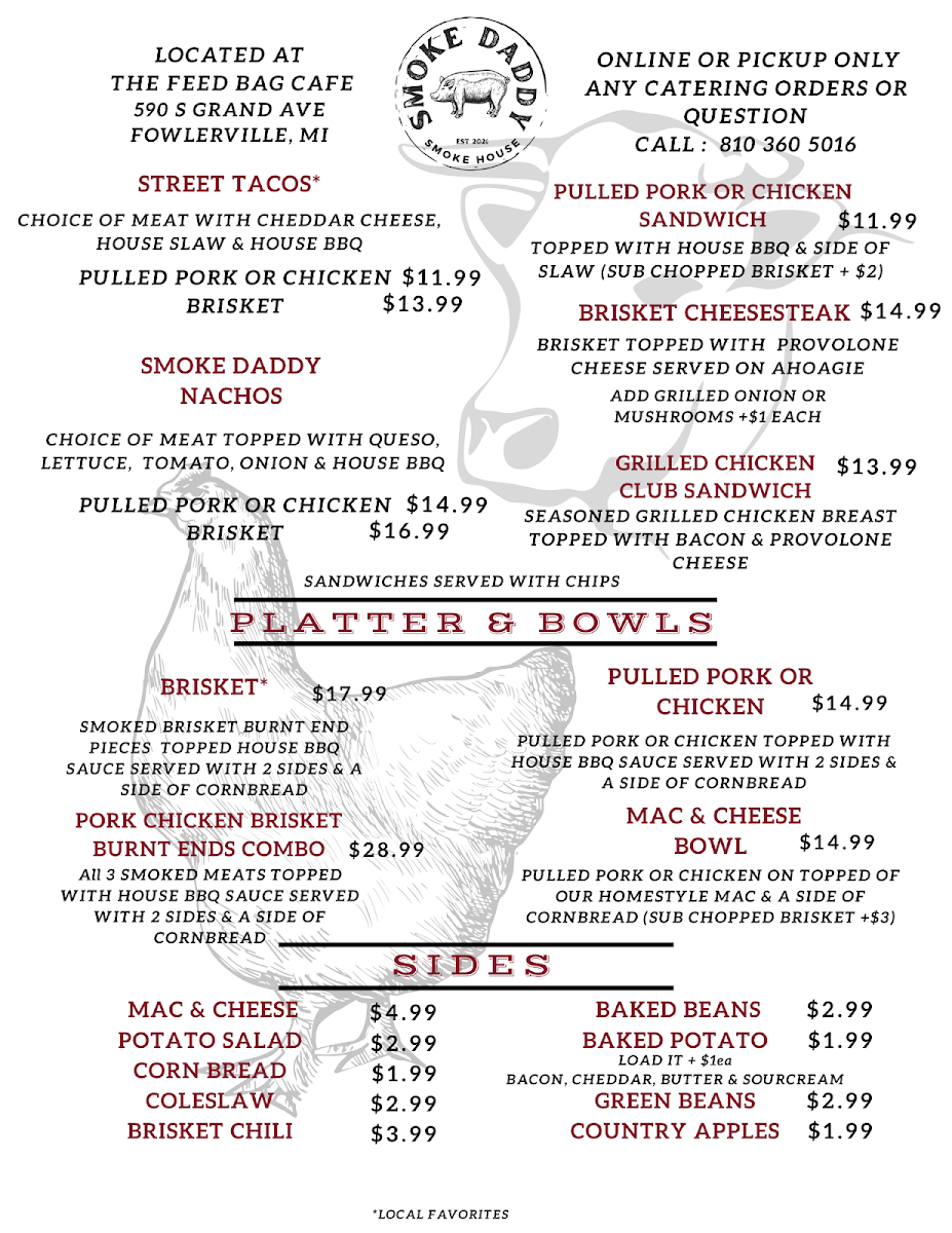 Smoke Daddy Smoke House menu board