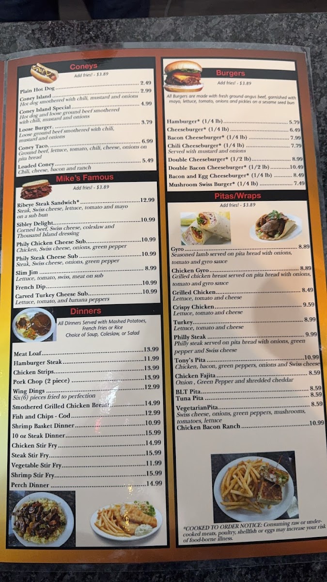 Sibley Coney Island menu board