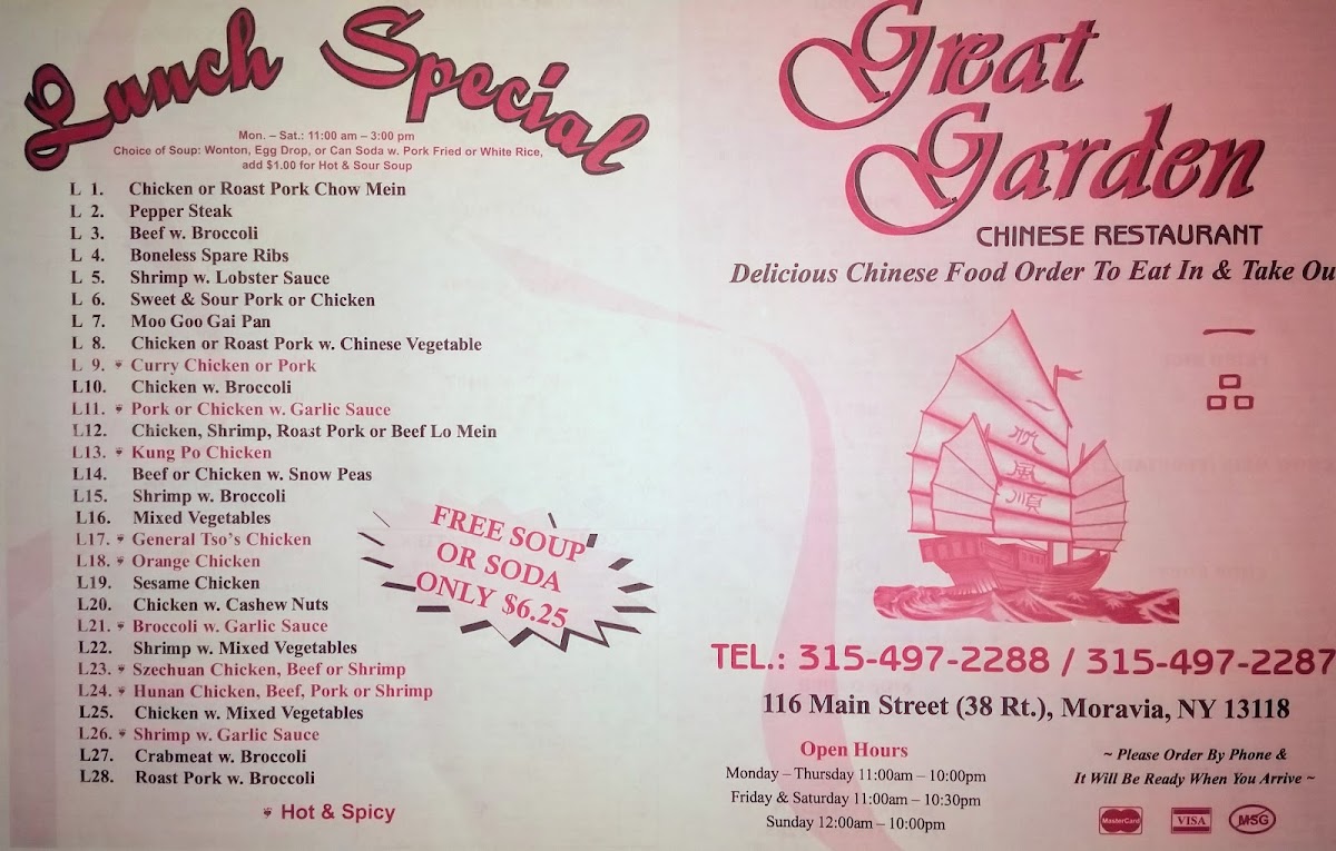 Great Garden Chinese Restaurant menu board