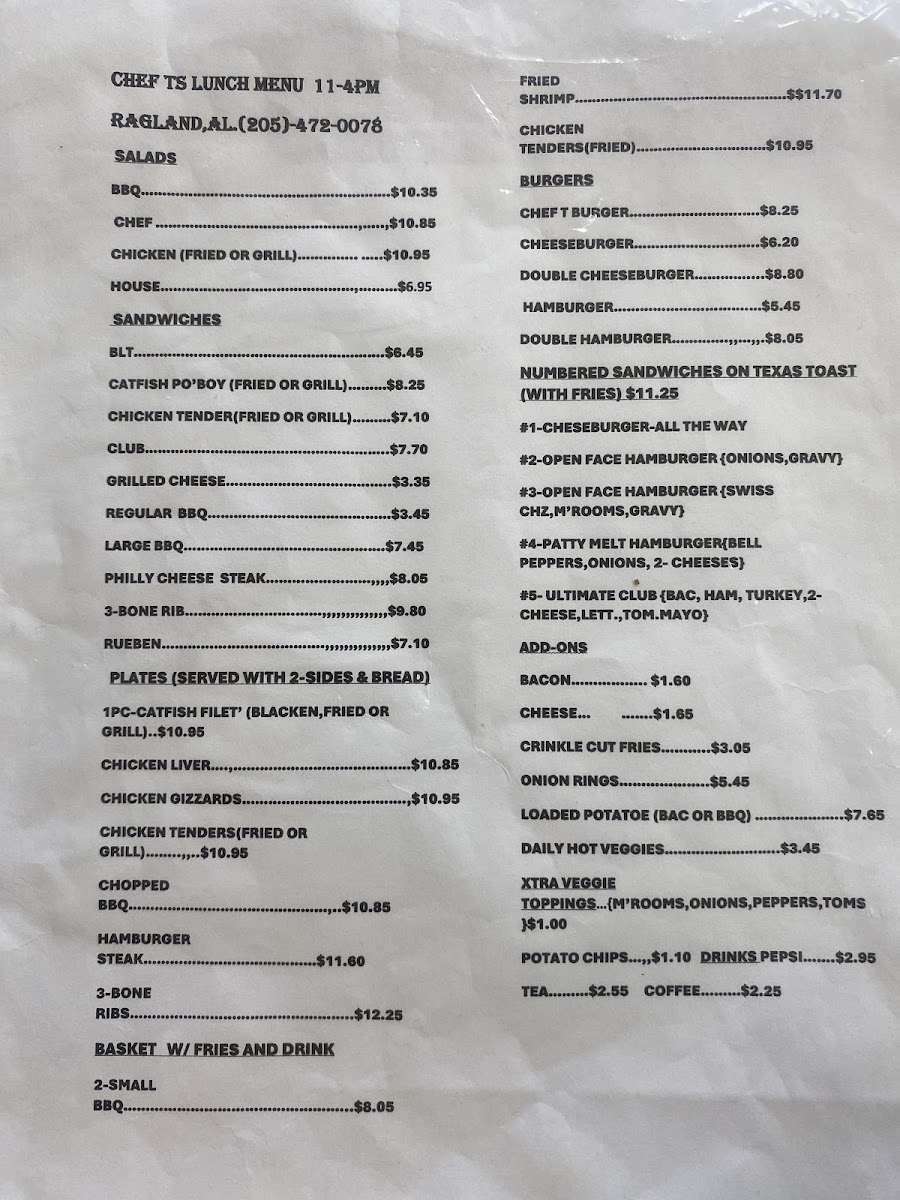 Chef T's BBQ menu board