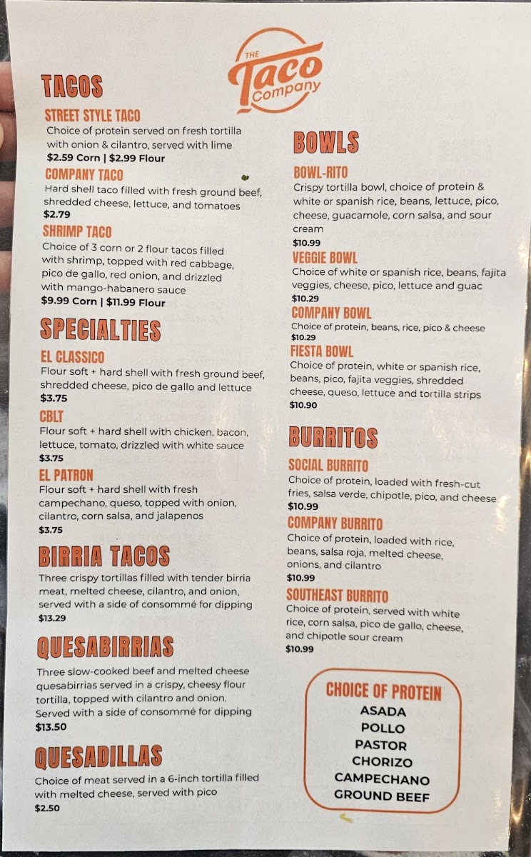 The Taco Company menu board