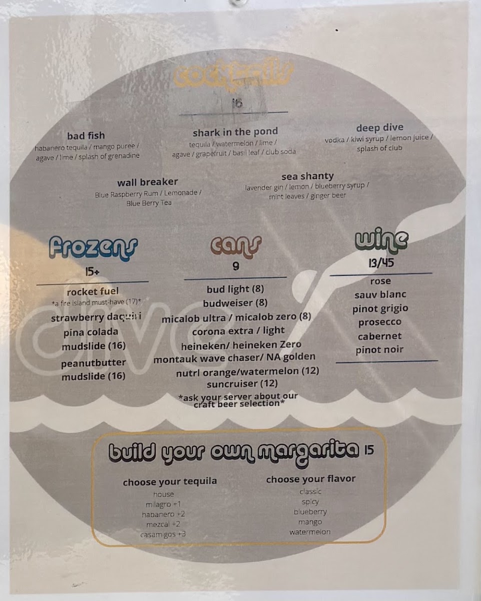DIVE OCEAN BEACH menu board