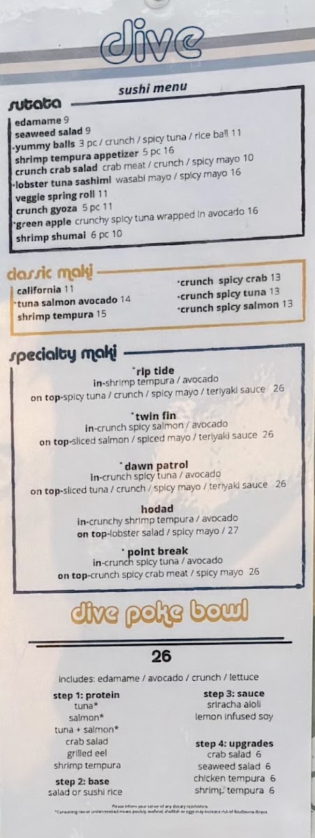 DIVE OCEAN BEACH menu board