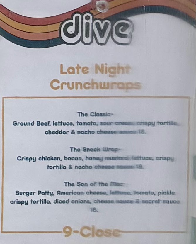 DIVE OCEAN BEACH menu board