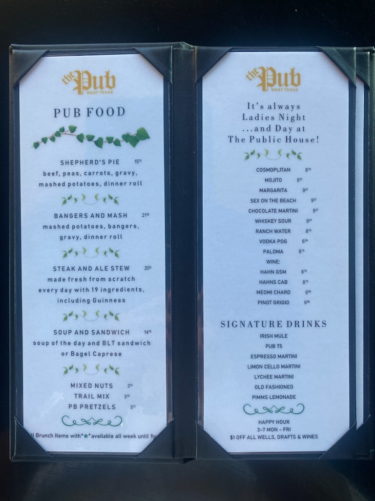 The Public House West Texas menu board